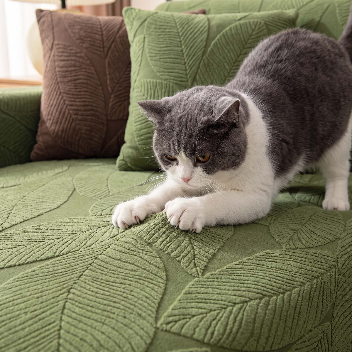 Modern Leaf Velvet Jacquard Stretch Sofa Cover – Spill-Resistant, Pet Friendly & Durable, Full Wrap Design