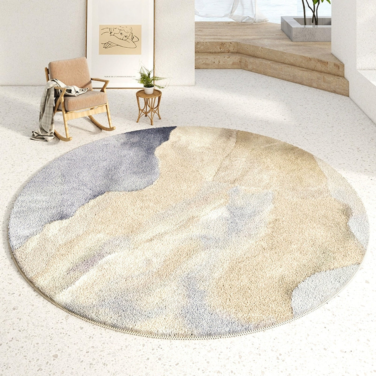 Easy Clean Rug Serene Abstract Round Spillproof Pet Friendly Modern Living Room Round Rug