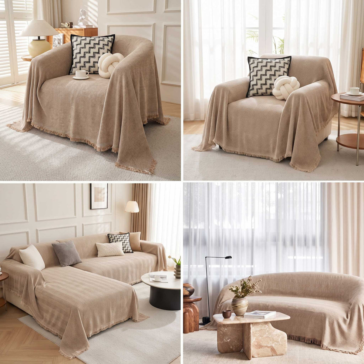Soft Breathable Herringbone Pet-Friendly Multi-Purpose Minimalist Sofa Cover – Woven Throw Couch Protector