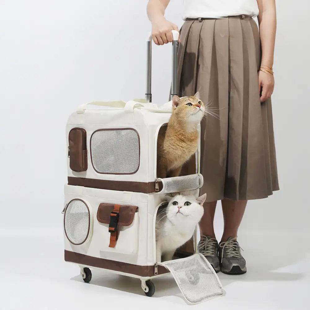 Travel Carrier Double-Layer Foldable Cat Bag with Detachable Trolley