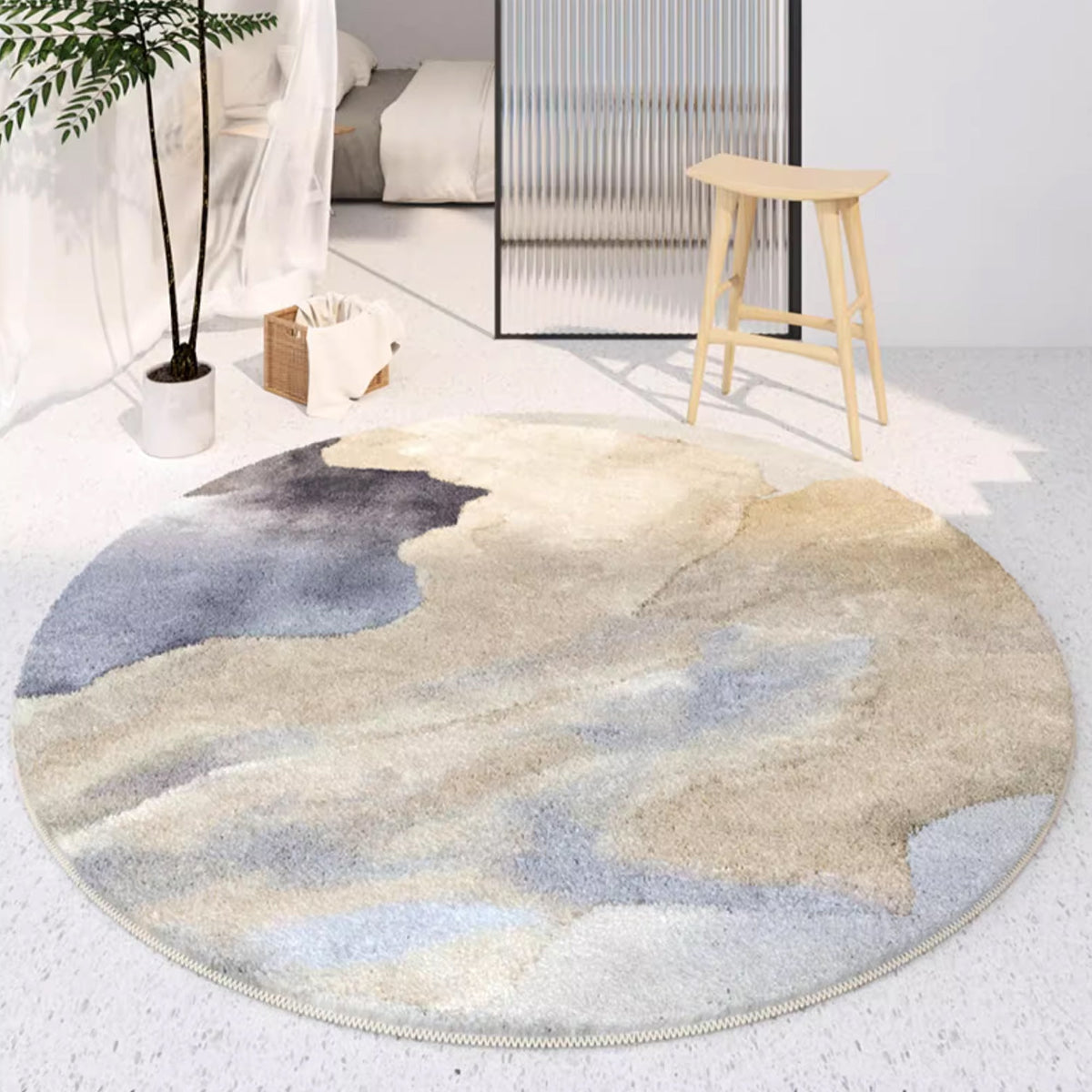 Easy Clean Rug Serene Abstract Round Spillproof Pet Friendly Modern Living Room Round Rug